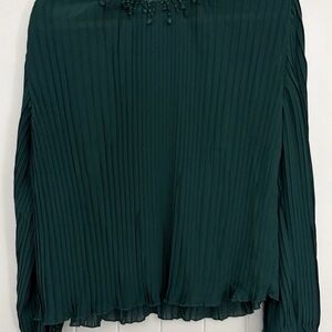 Lulumari Deep Green Pleated Blouse Long Sleeve with Open Shoulders